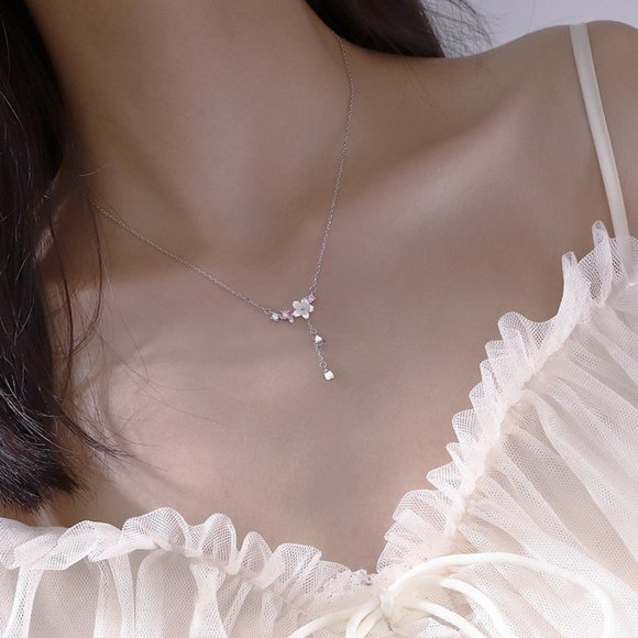 Jewelry - NEW Silver Cherry Flower Shell Long Tassel Necklace